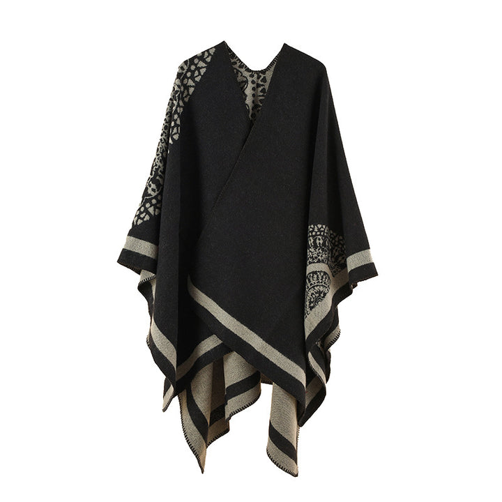 Women's Oversized Knit Poncho with Pattern Trim and Asymmetrical Hem Mune Fashion
