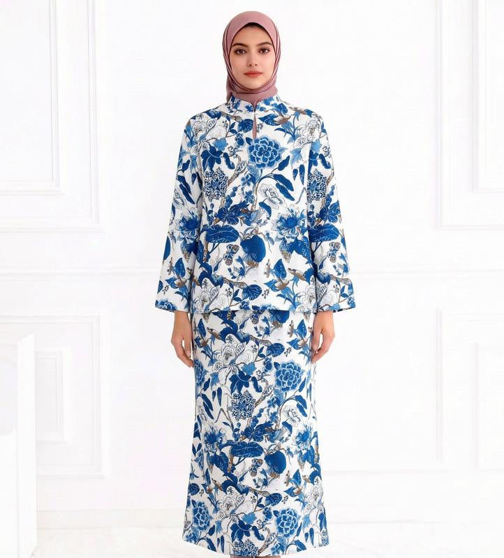 Ladies Two-Piece Modest Set consisting of Tunic with Stand-up Collar and Straight Maxi Skirt with Floral Print Mune Fashion