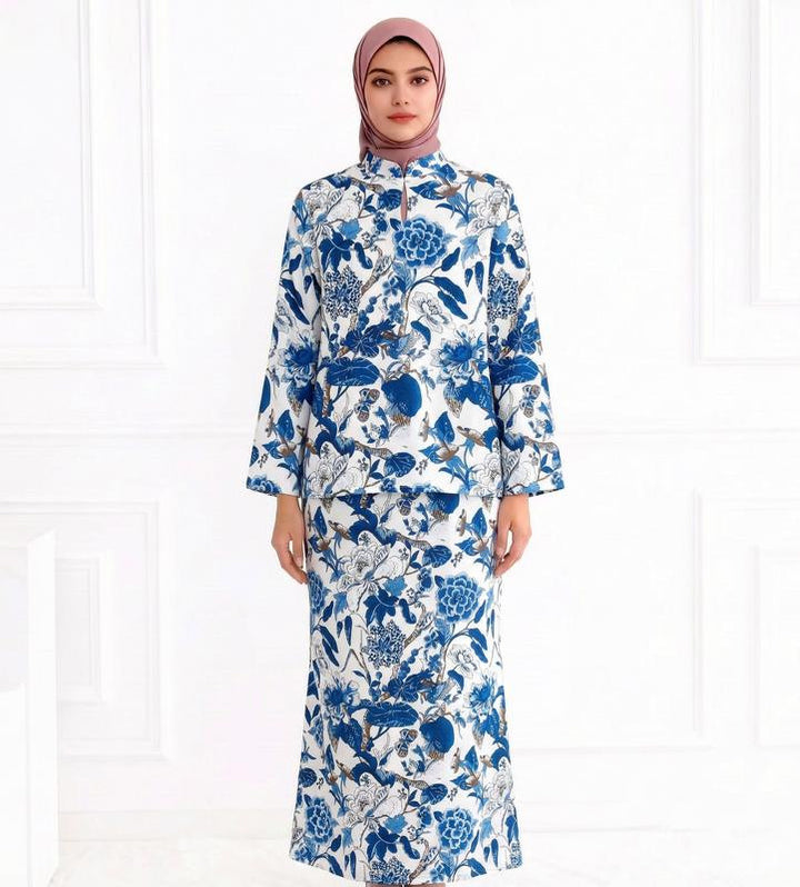 Ladies Two-Piece Modest Set consisting of Tunic with Stand-up Collar and Straight Maxi Skirt with Floral Print Mune Fashion