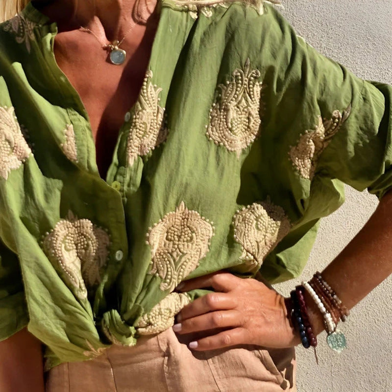 Women’s Boho Linen Blouse with Bead Embroidery and Knot Band Mune Fashion