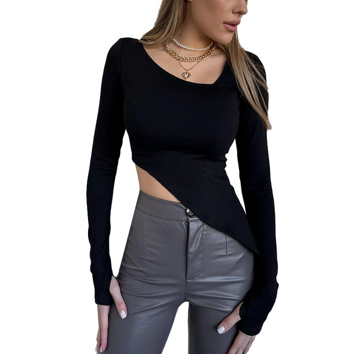 Damen Asymmetrisches tailliertes Cut-Out-Crop-Top mit langen Ärmeln Mune Fashion