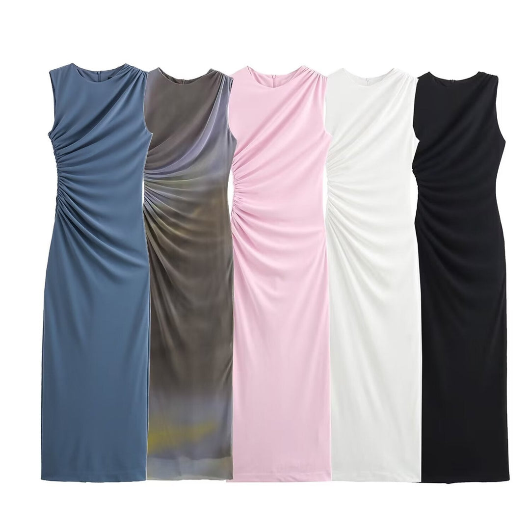 Mune Fashion | Solid Color Round Neck Sleeveless Folded Slim Fit Dress