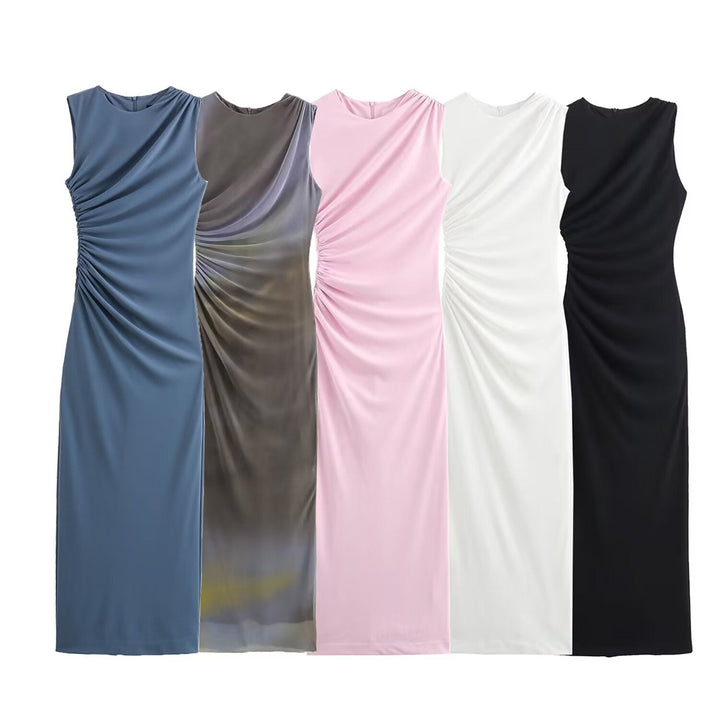 Mune Fashion | Solid Color Round Neck Sleeveless Folded Slim Fit Dress