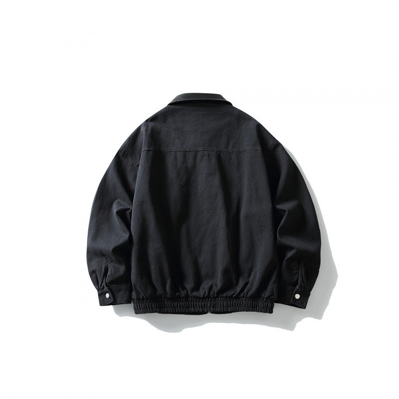 Men's Boxy Worker Jacket with Faux Leather Collar, Full-Length Zipper and Elastic Hem Mune Fashion