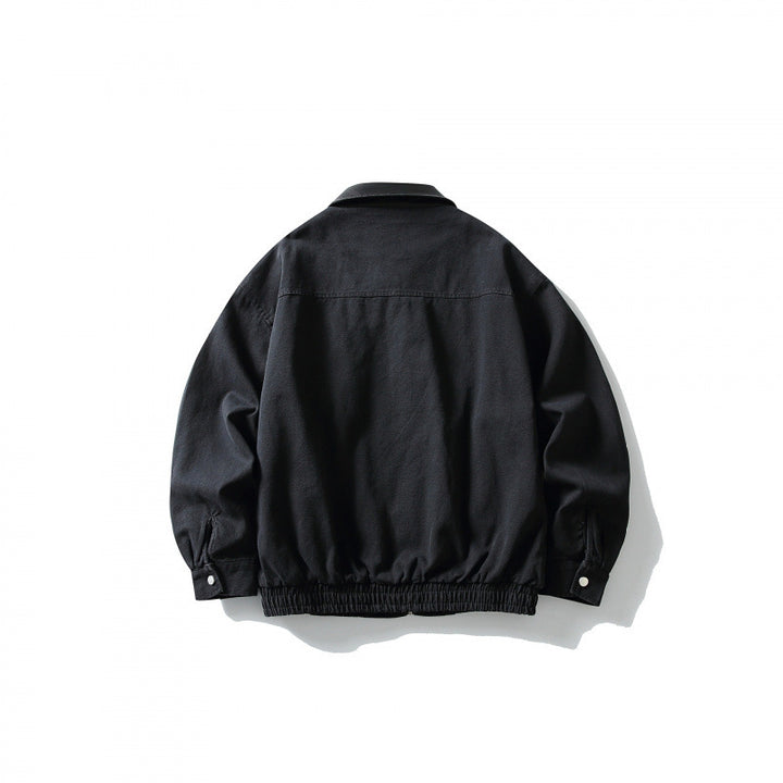 Men's Boxy Worker Jacket with Faux Leather Collar, Full-Length Zipper and Elastic Hem Mune Fashion