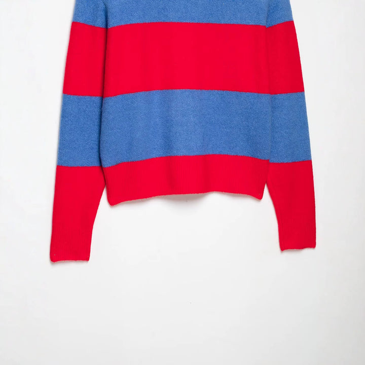 Women's Striped Rugby Sweater with Polo Collar and Short Cut Mune Fashion