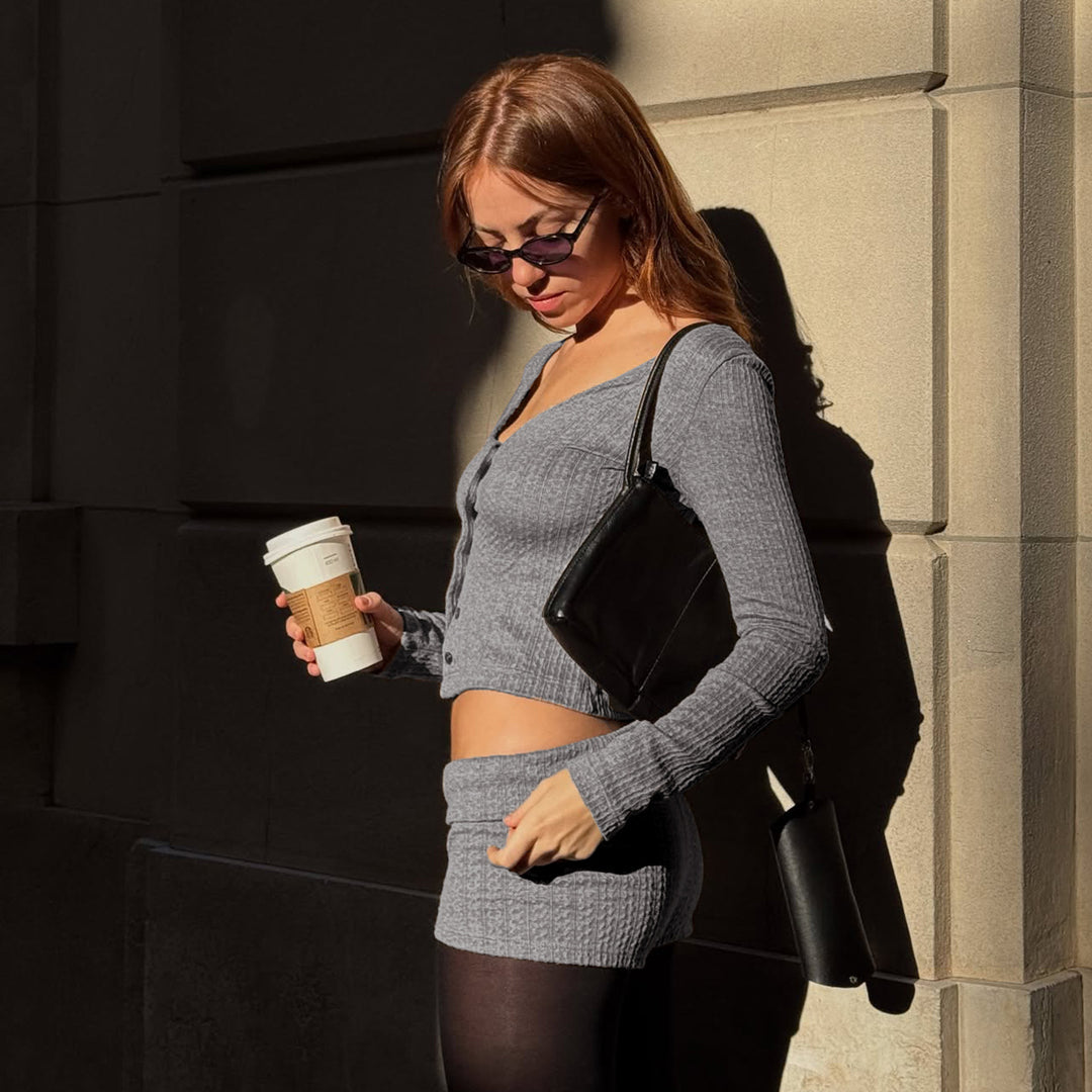 Women's knitted lounge set with U-neck cropped cardigan and high-waist shorts Mune Fashion