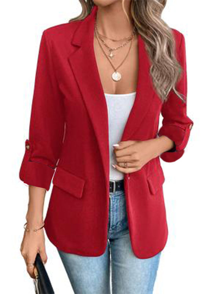 Women's tailored business blazer with cap sleeves, turned-up cuffs, and decorative buttons Mune Fashion