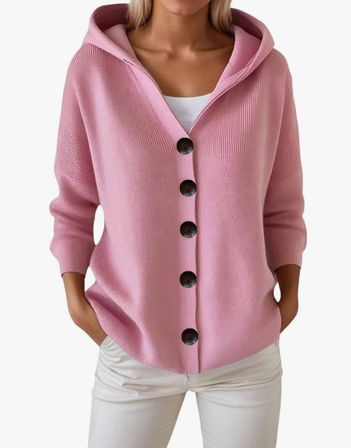 Women's hooded cardigan with large wooden buttons and side pockets Mune Fashion