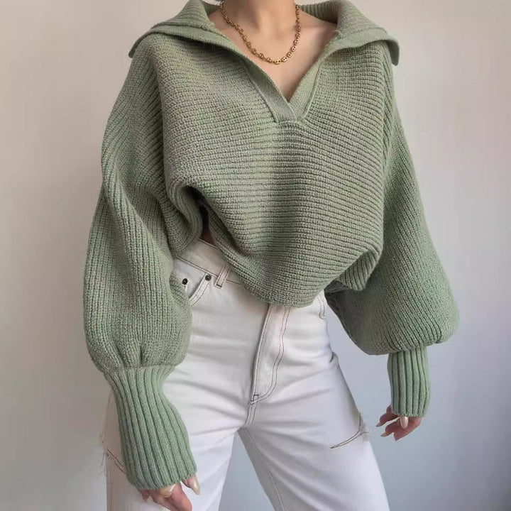 Women's Oversize Rib Sweater with Lapel Collar and Deep V-Neck Mune Fashion