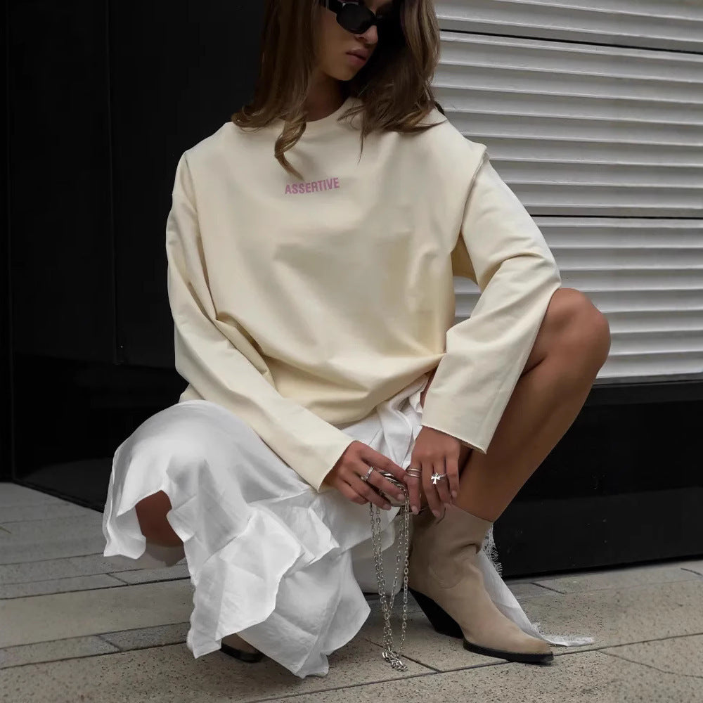 Women Oversized Long Sleeve Sweatshirt with Statement Print and Round Neckline Mune Fashion