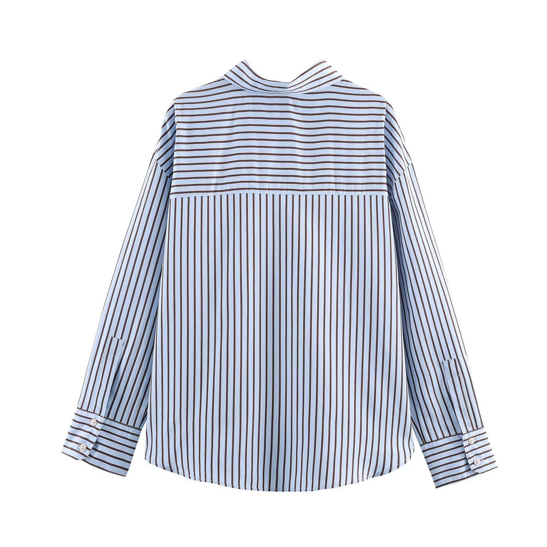 Women’s Oversize Striped Shirt Blouse with Kent Collar, Continuous Button Placket and Long Cuff Mune Fashion