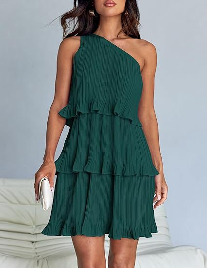 Women's Sleeveless Pleated Tiered Dress with Asymmetrical Shoulder Mune Fashion