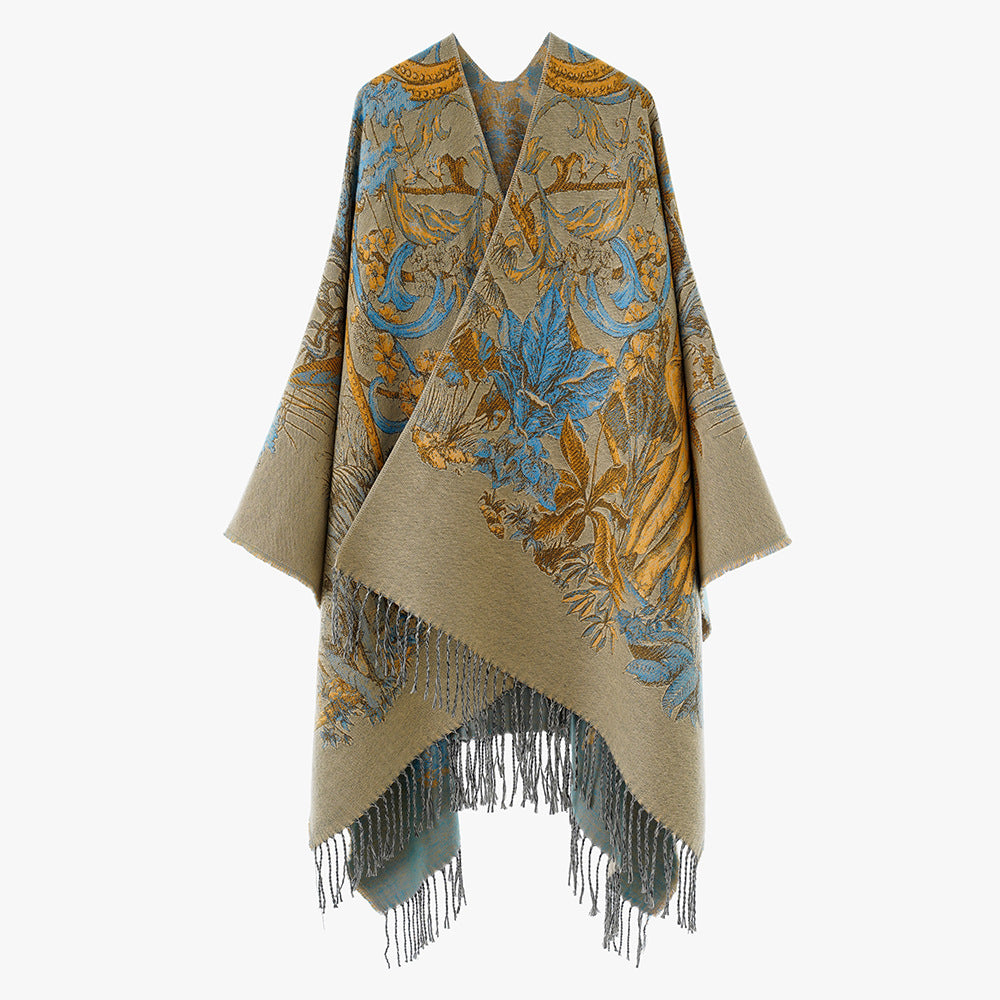 Women Ornamental Jacquard Cape‑Style Throw with Fringed Hem Mune Fashion