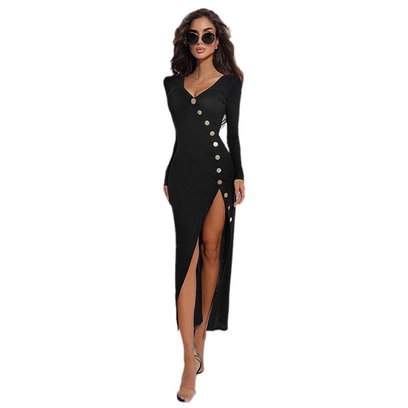 Women’s body-hugging midi dress with asymmetrical button placket, deep V-neck, and high side slit Mune Fashion