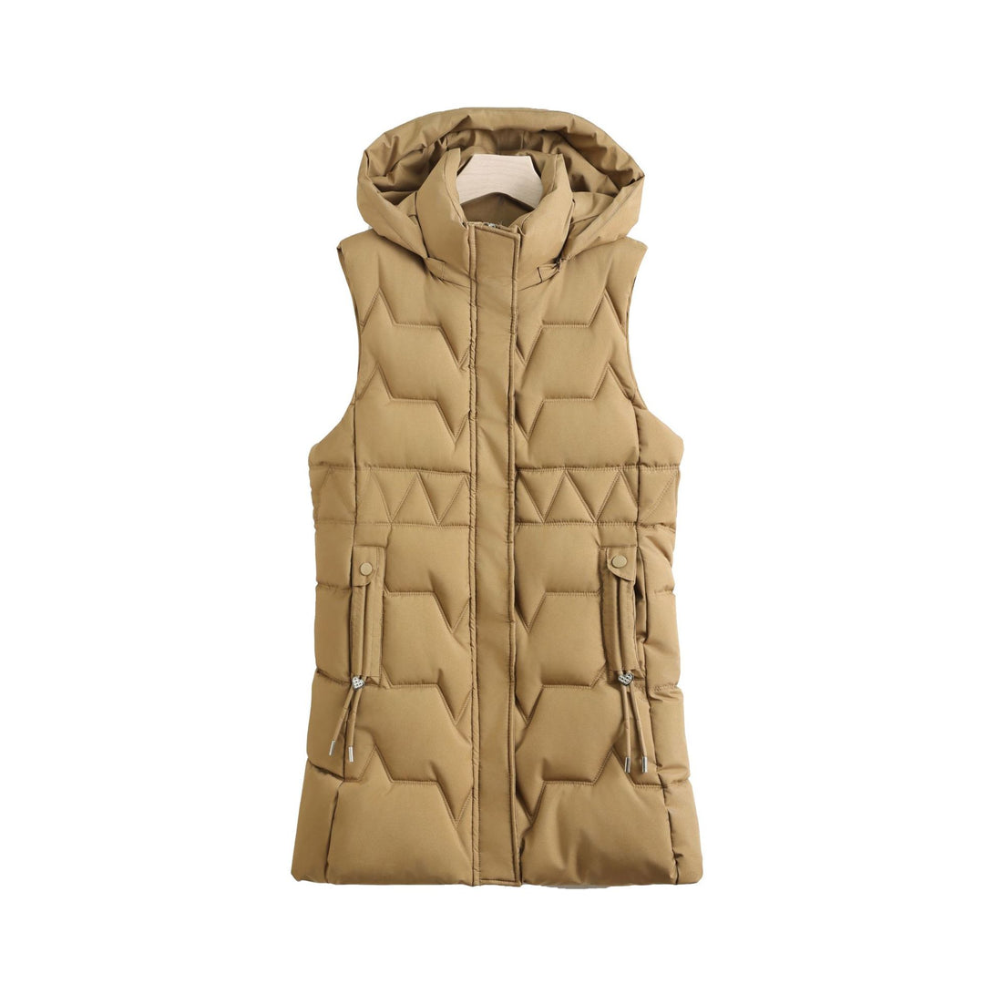 Women sleeveless quilted long vest with hood, adjustable drawstrings and concealed zipper Mune Fashion