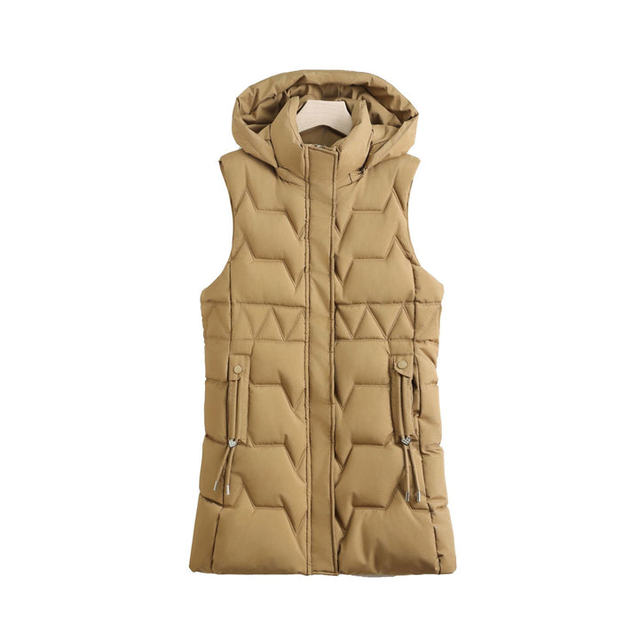 Women sleeveless quilted long vest with hood, adjustable drawstrings and concealed zipper Mune Fashion
