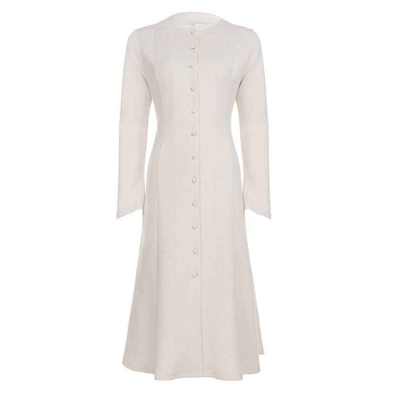 Women's Long Sleeve Midi Dress in A-Line Cut with Continuous Button Placket Mune Fashion