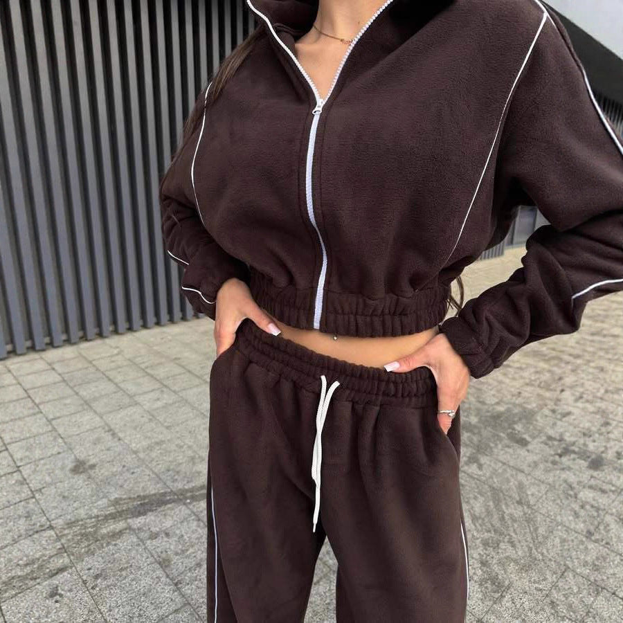 Women's Cropped Zip Fleece Set with Tailored Drawstring and Wide Pant Leg Mune Fashion