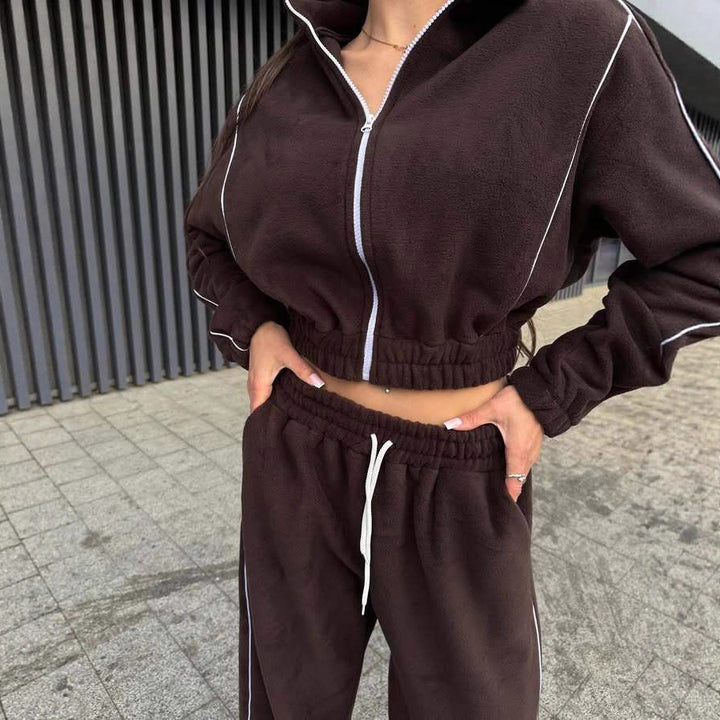Women's Cropped Zip Fleece Set with Tailored Drawstring and Wide Pant Leg Mune Fashion