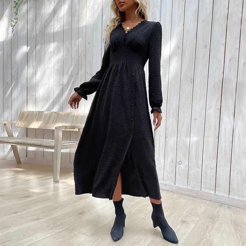 Ladies midi dress with structured dot look, V-neck and tailored empire cut Mune Fashion