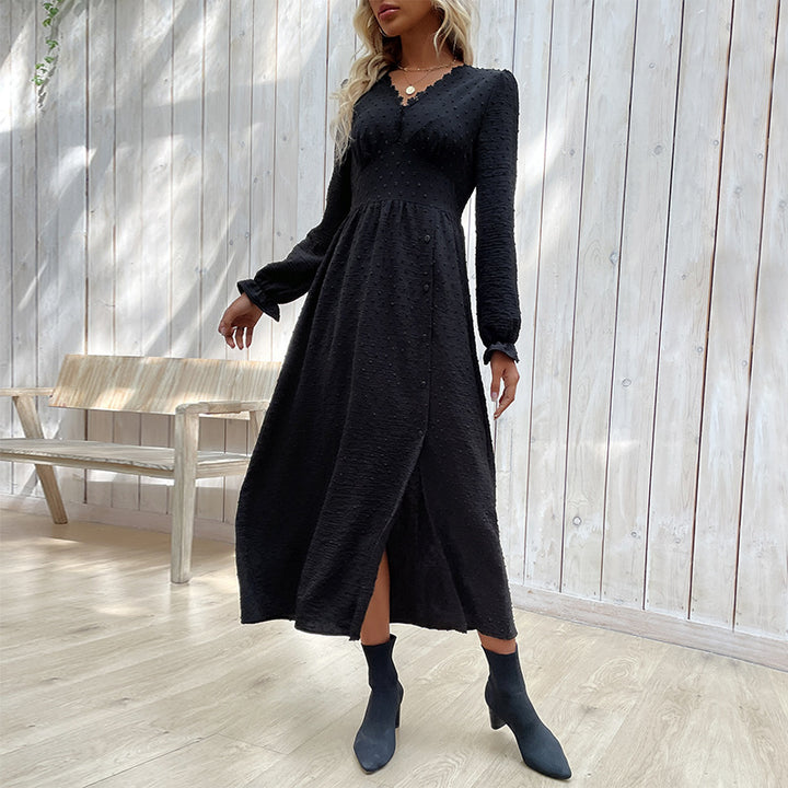 Ladies midi dress with structured dot look, V-neck and tailored empire cut Mune Fashion