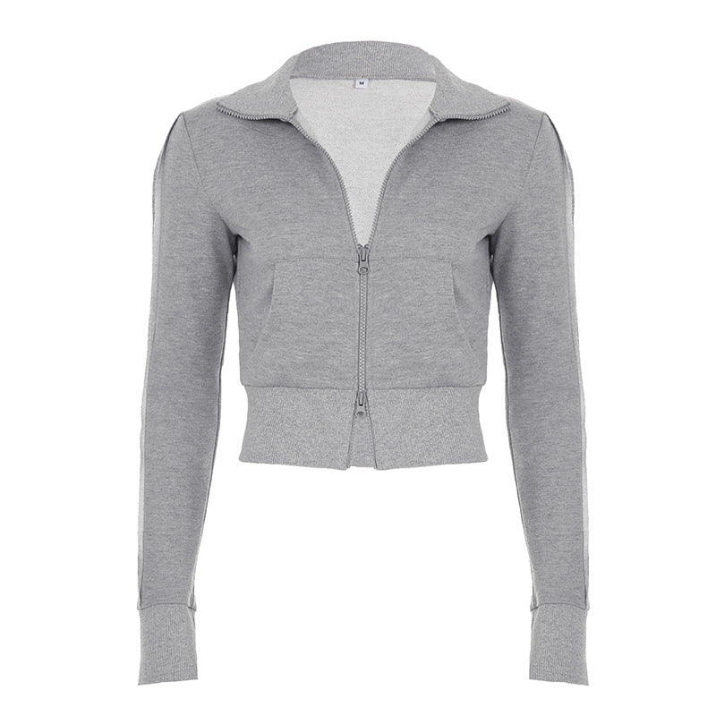 Women's tailored cropped hoodie with full zip, elastic hem, and decorative college print Mune Fashion