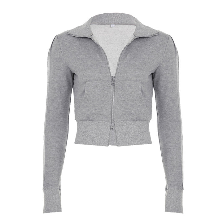 Women's tailored cropped hoodie with full zip, elastic hem, and decorative college print Mune Fashion