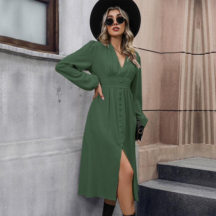 Women's Midi Dress with Button Details and V-Neck Mune Fashion