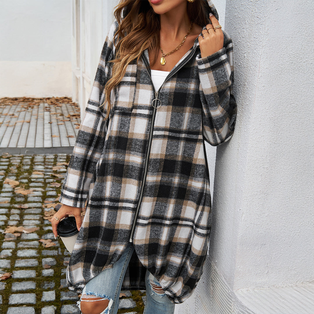 Women's longer hooded coat in check pattern with zipper and balloon-shaped hem Mune Fashion