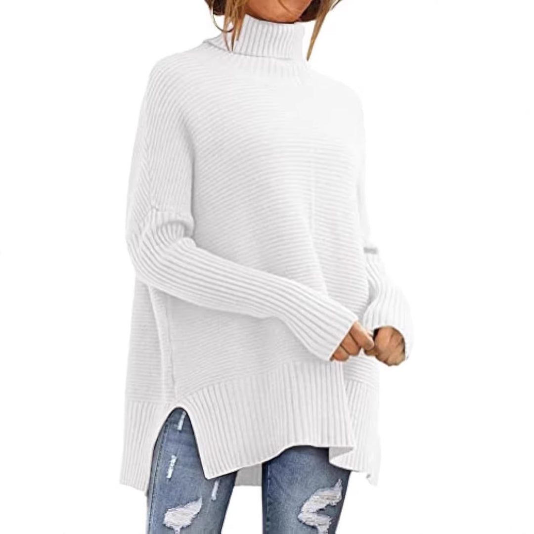 Women Oversize Ribbed Turtleneck Sweater with Side Slits and Extended Hem