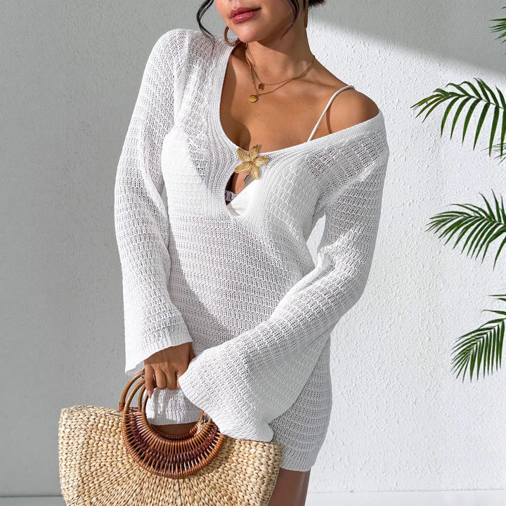 Women's crocheted beach dress with elegant V-neck and long sleeves Mune Fashion