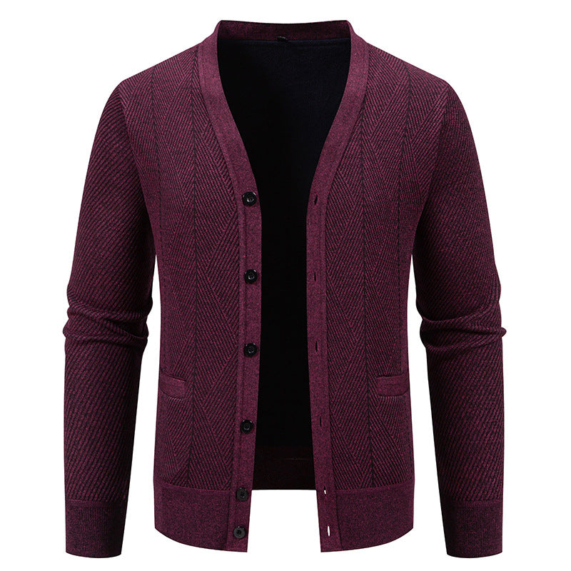 Men's Structured Fine Knit Cardigan with Chevron Pattern, V-Neck and Insert Pockets Mune Fashion