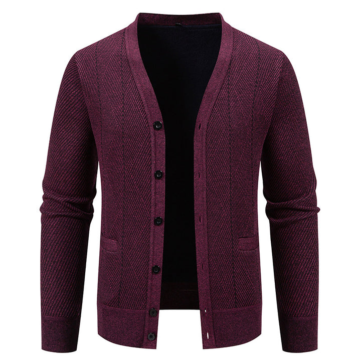 Men's Structured Fine Knit Cardigan with Chevron Pattern, V-Neck and Insert Pockets Mune Fashion