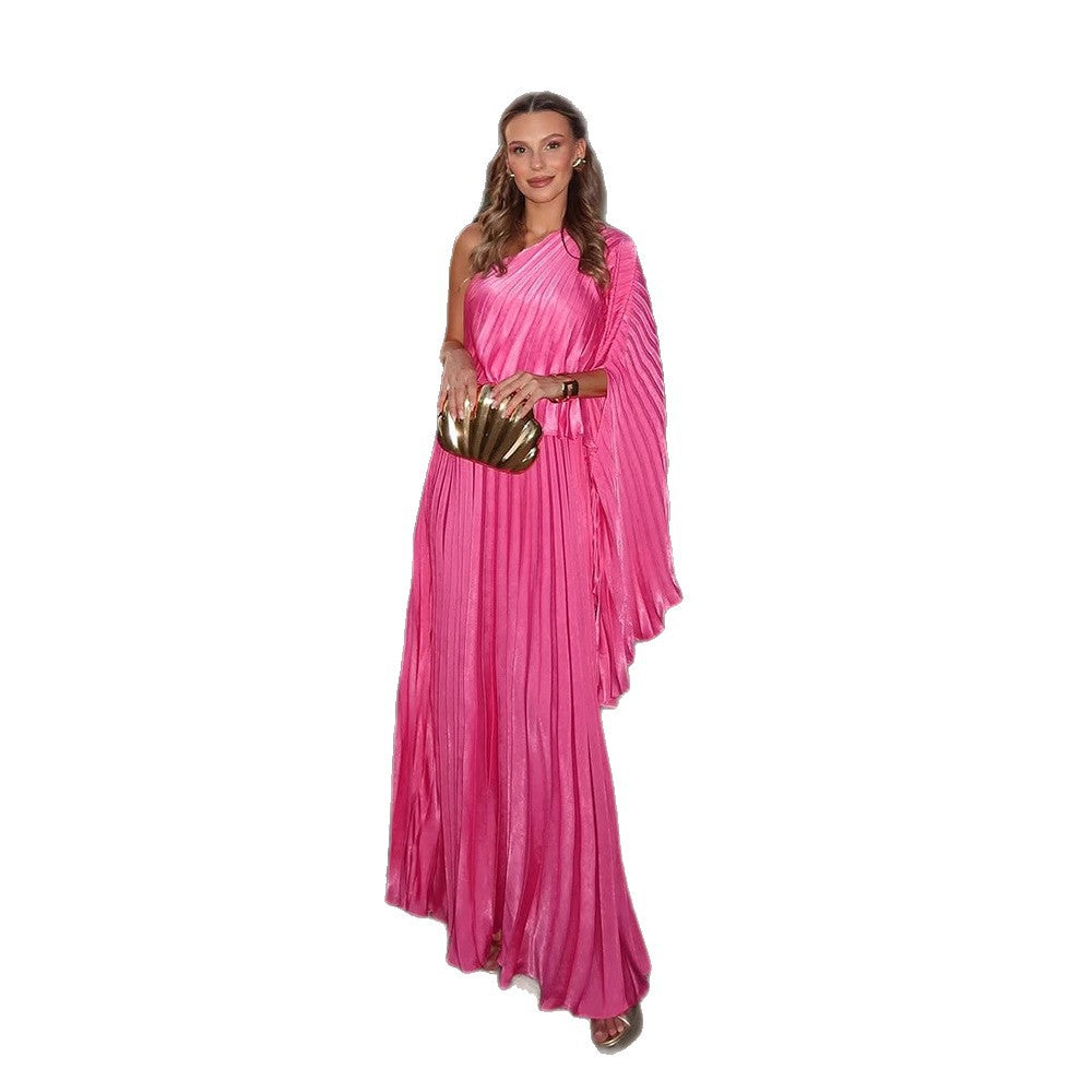 Women One-Shoulder Pleated Maxi Dress with Draped Top and Flowing Ruffle Skirt Mune Fashion