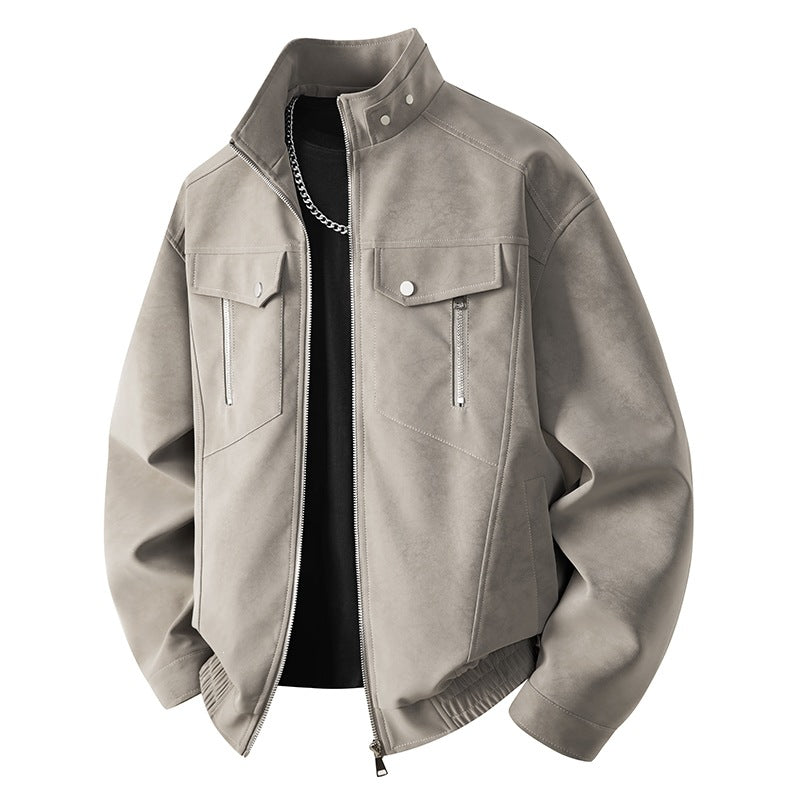Men's velvet imitation transitional bomber-style jacket with stand-up collar, press stud fastening & elastic cuffs.