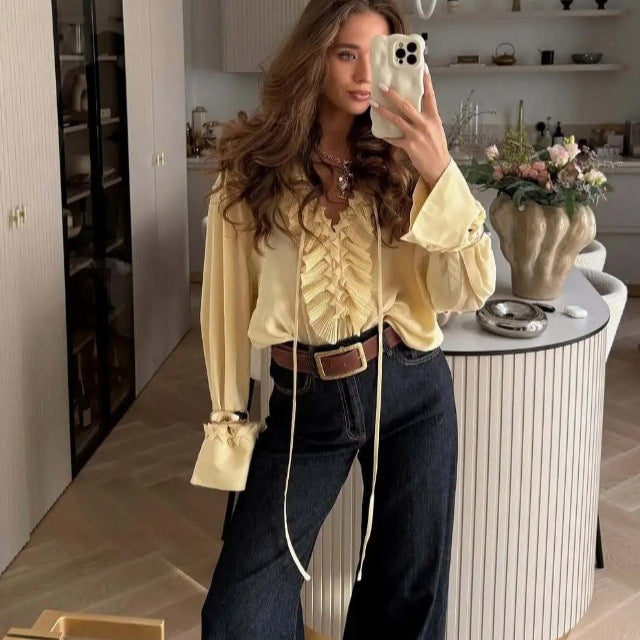 Ladies 30+ romantic blouse with pleated ruffle, tie band and wide sleeves Mune Fashion