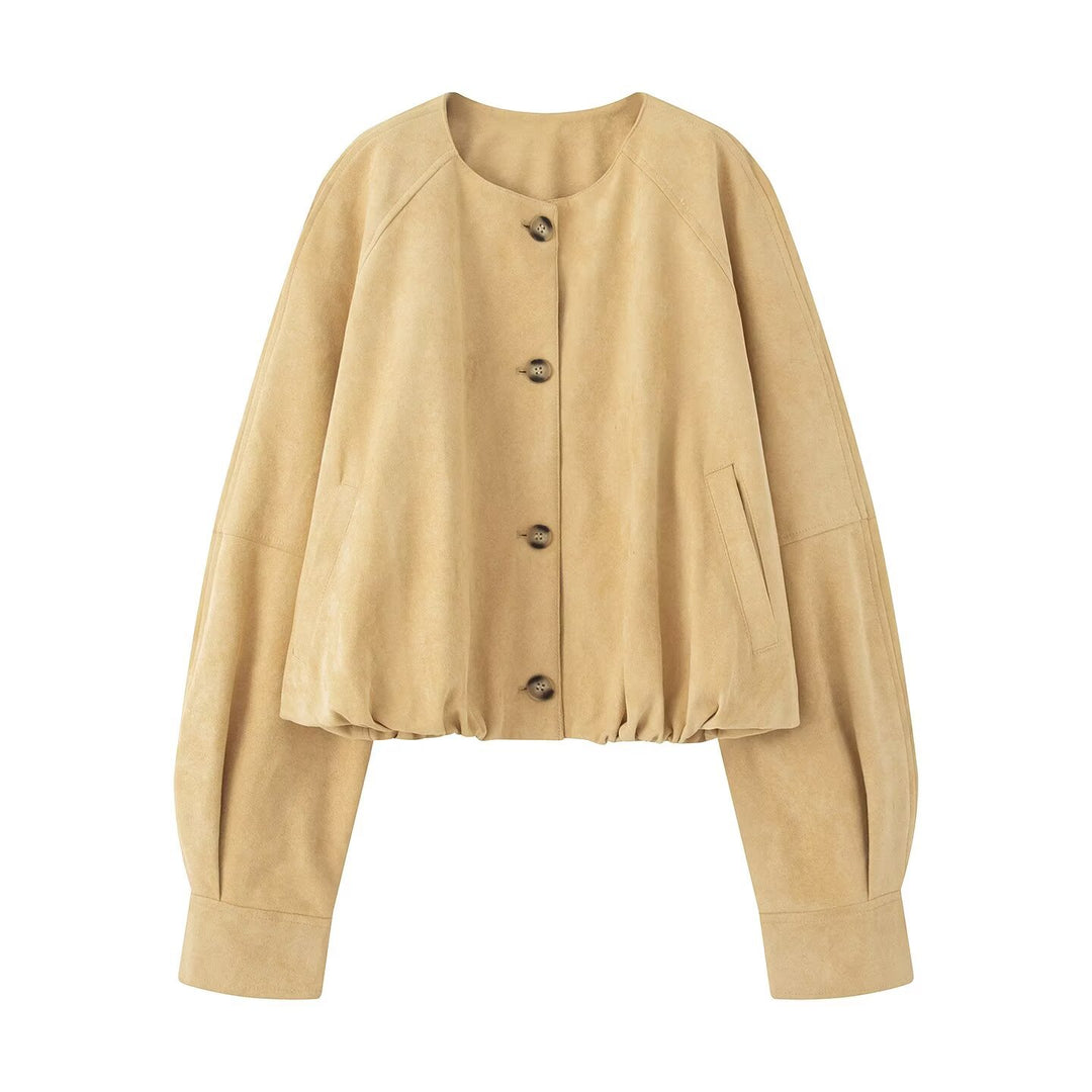 Women's short jacket in velour look with round neckline, balloon sleeves, and elastic hem Mune Fashion