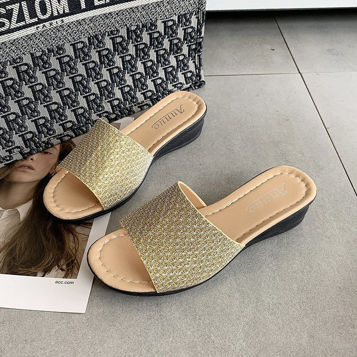 Women's glitter slide sandals with wide strap front, open toe area, cushioned comfort footbed, and lightweight wedge heel Mune Fashion