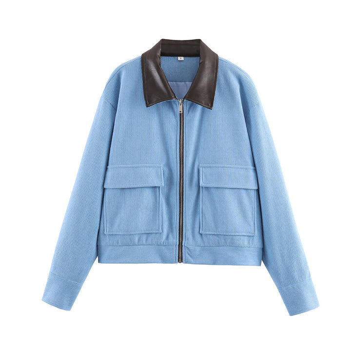 Women Ribbed Structure Short Jacket with Faux Leather Collar and Flap Pockets Mune Fashion
