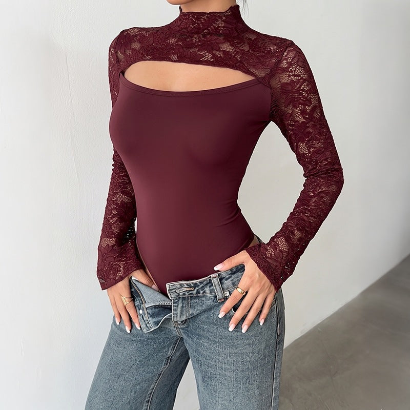 Women's lace bodysuit with cut-out, off-the-shoulder look and flared trumpet sleeves Mune Fashion