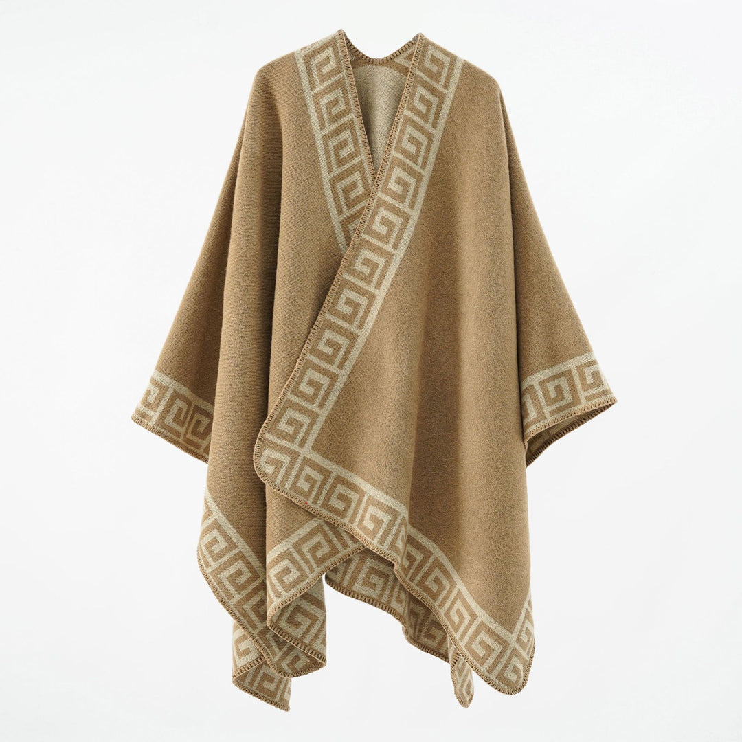 Women's Cape Poncho with Meander Border and Wool Mix Quality Mune Fashion