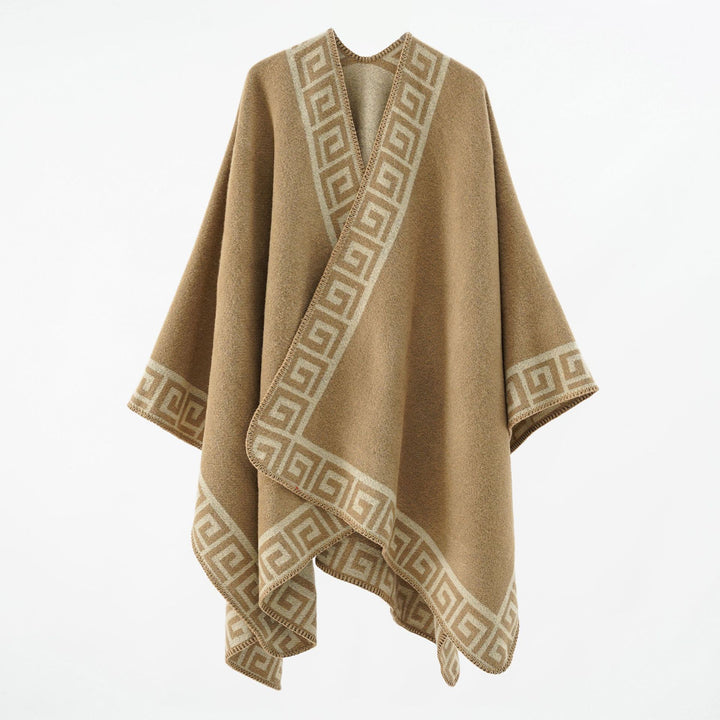 Women's Cape Poncho with Meander Border and Wool Mix Quality Mune Fashion