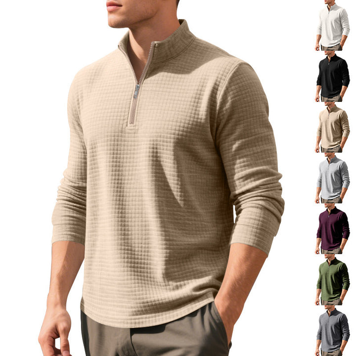 Men's Quilted Quarter-Zip Pullover with Check Pattern and Stand Collar Mune Fashion