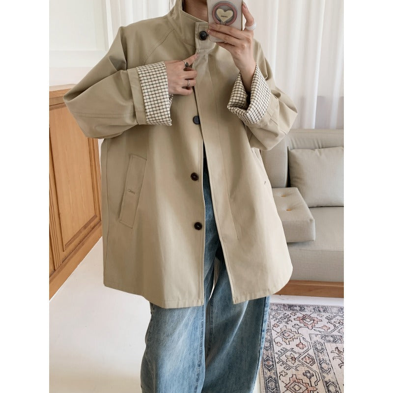 Women Oversized Coat with Stand-Up Collar and Checked Sleeve Hem Mune Fashion