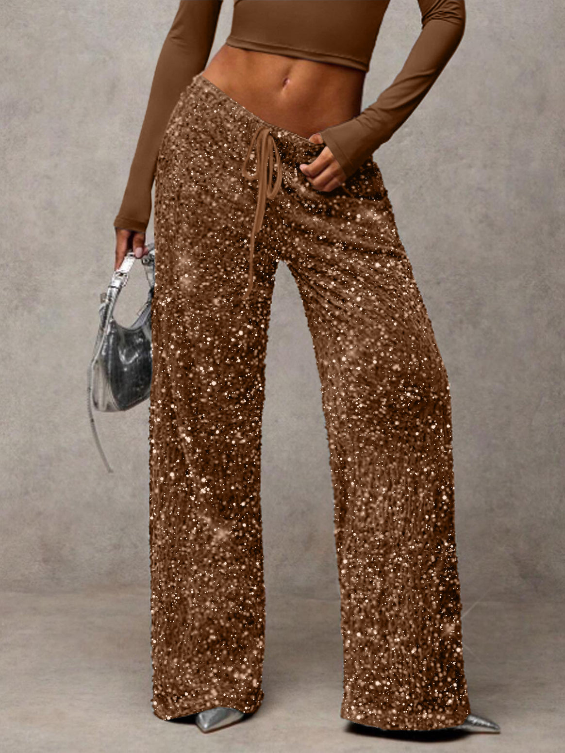 Women Sequin Palazzo Trousers with High Waist and Drawstring Mune Fashion