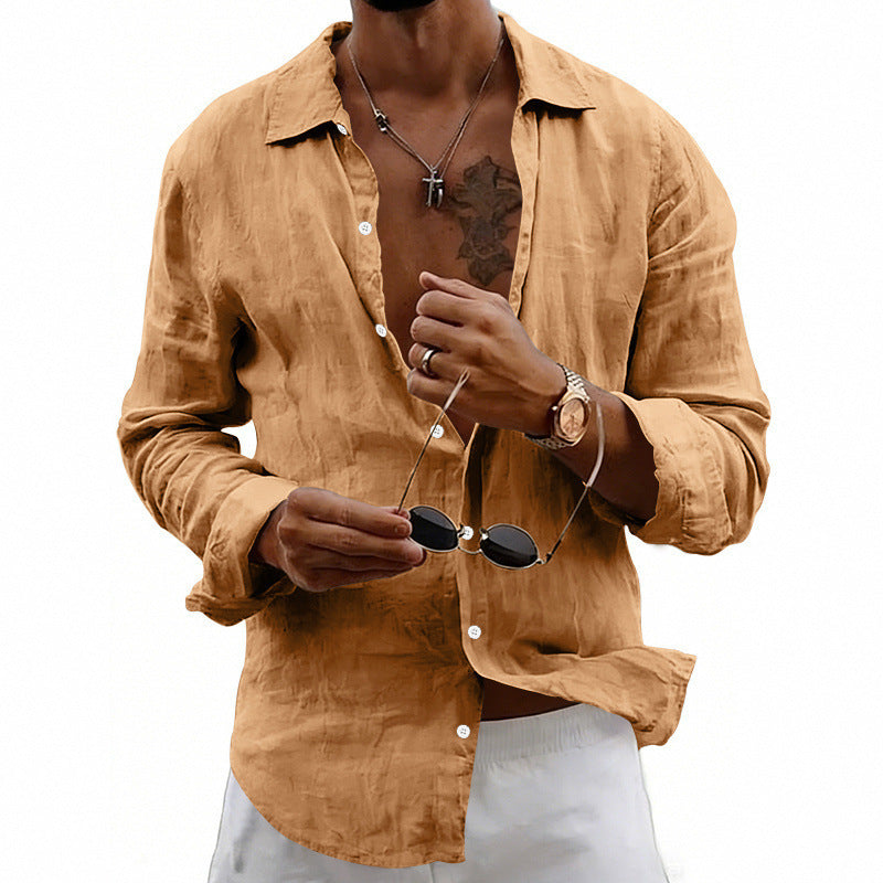 Men's airy relaxed linen shirt with open lapel, rounded hem, and roll-up sleeves Mune Fashion