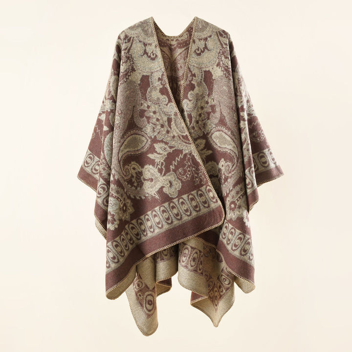 Women’s jacquard-woven oversized ruana with ornamentation and open kimono fall drape