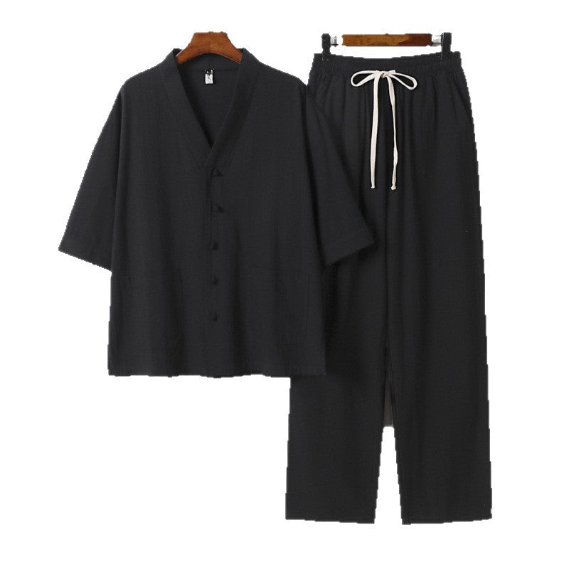 Men's kimono two-piece set made of linen blend with V-neck, patch pockets, and drawstring pants Mune Fashion