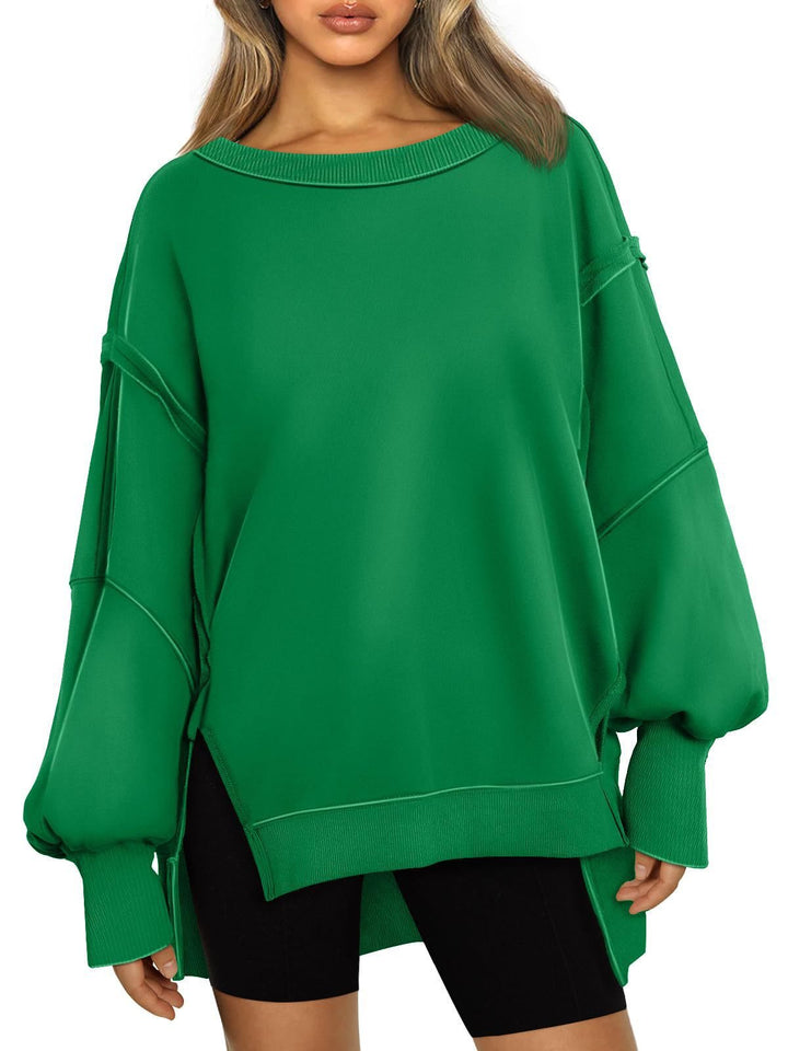 Ladies Soft Longline Sweatshirt with Balloon Sleeves, Side Slits and Ribbed Hem Mune Fashion